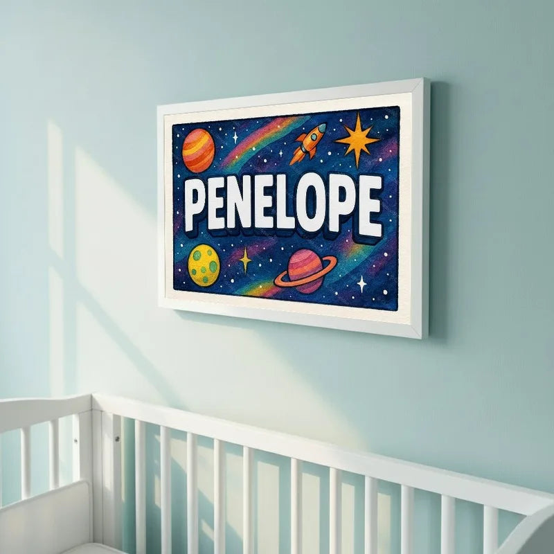 Adventurous personalized space name art for Penelope