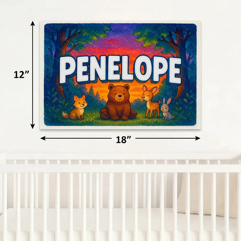 Calm personalized woodland name art for Penelope