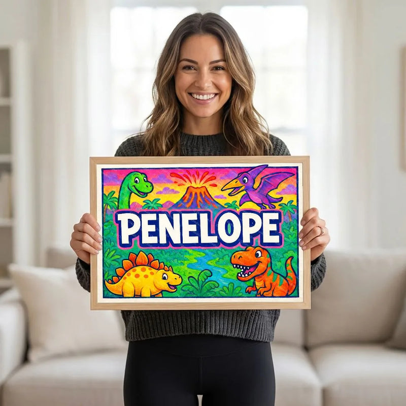 Adventurous personalized dinosaur name art for Penelope