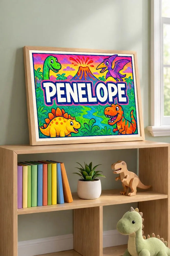 Adventurous personalized dinosaur name art for Penelope