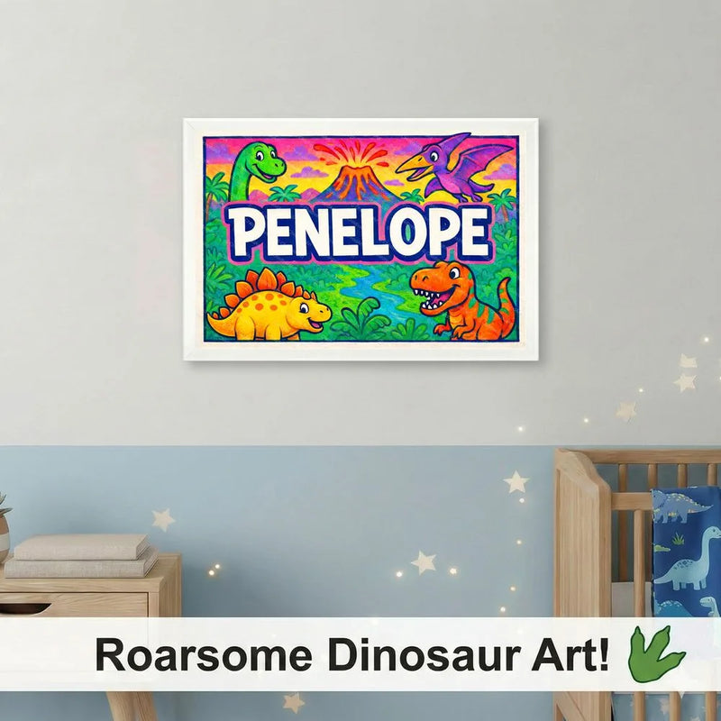 Adventurous personalized dinosaur name art for Penelope