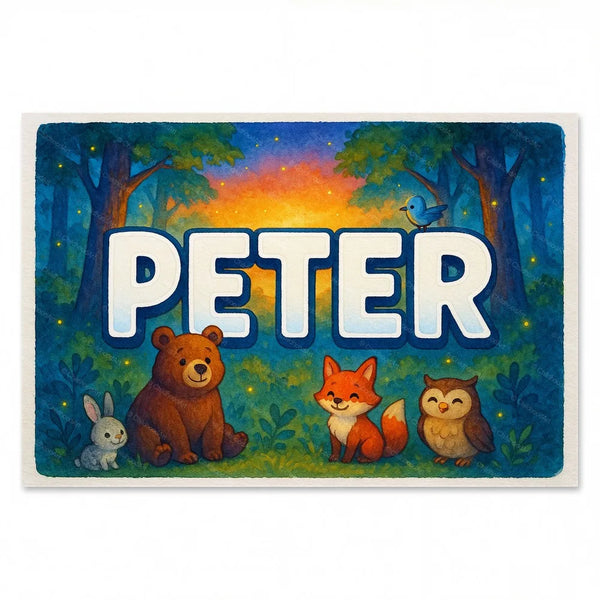 Forest friends themed name art featuring Peter