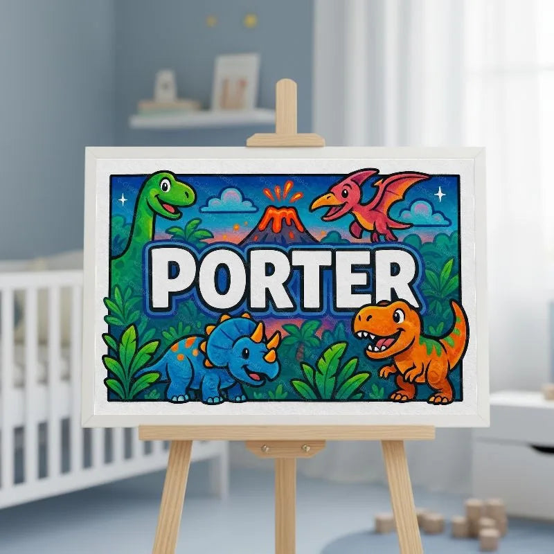 Porter Name Art - Dinosaur Adventure personalized wall print for kids