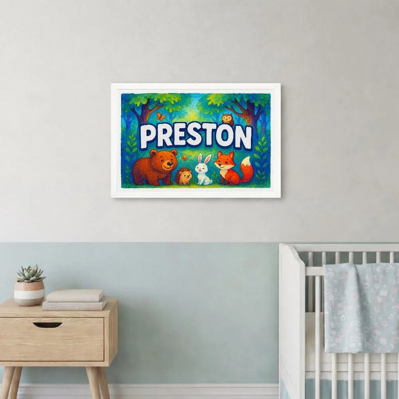 Preston Name Art - Forest Friends personalized wall print for kids