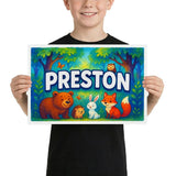 Preston Name Art - Forest Friends personalized wall print for kids