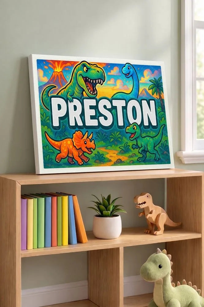 Preston Name Art - Dinosaur Adventure personalized wall print for kids