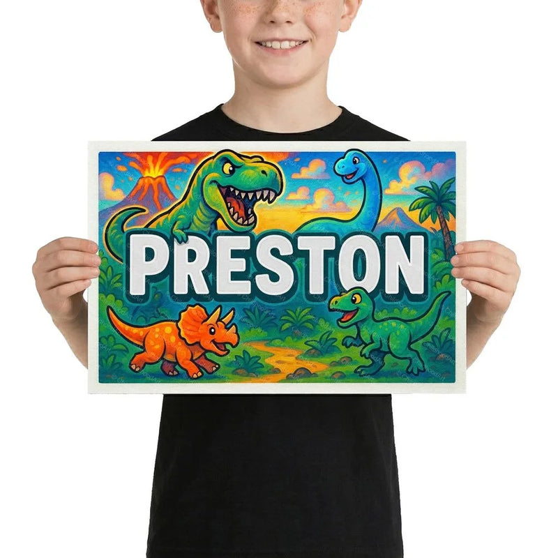 Preston Name Art - Dinosaur Adventure personalized wall print for kids