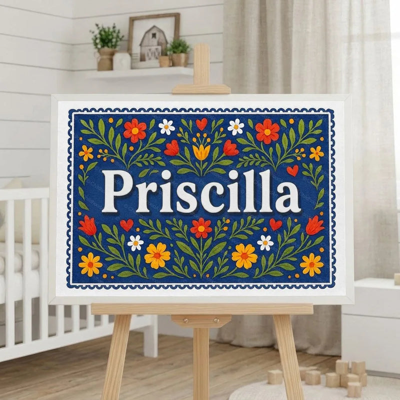 Priscilla Name Art - Floral Farmhouse personalized wall print for kids