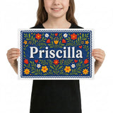 Priscilla Name Art - Floral Farmhouse personalized wall print for kids