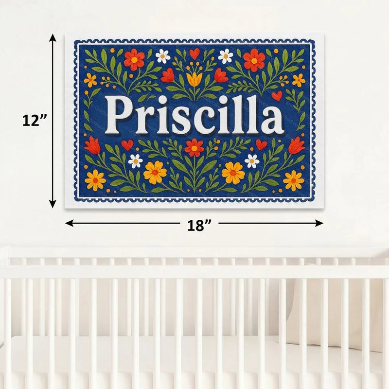 Priscilla Name Art - Floral Farmhouse personalized wall print for kids