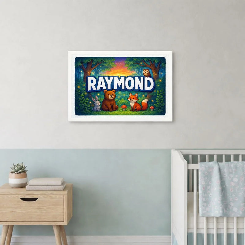 Raymond Name Art - Forest Friends personalized wall print for kids