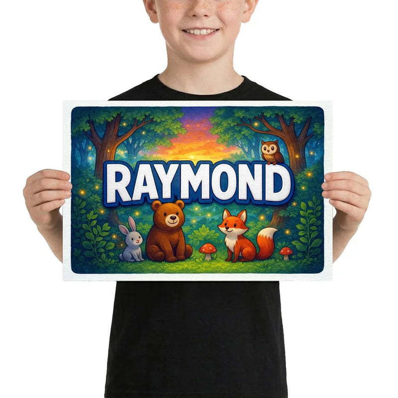 Raymond Name Art - Forest Friends personalized wall print for kids