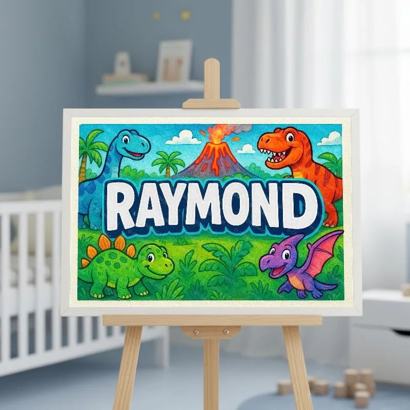 Raymond Name Art - Dinosaur Adventure personalized wall print for kids