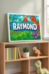 Raymond Name Art - Dinosaur Adventure personalized wall print for kids