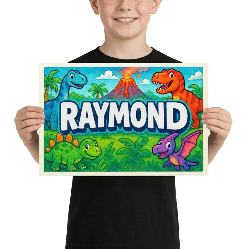 Raymond Name Art - Dinosaur Adventure personalized wall print for kids