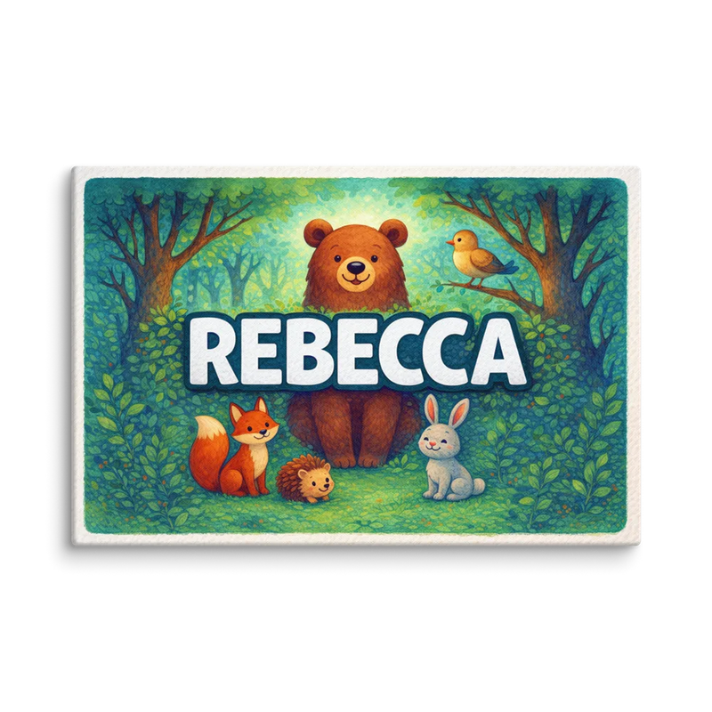 Rebecca Name Art - Forest Friends personalized wall print for kids