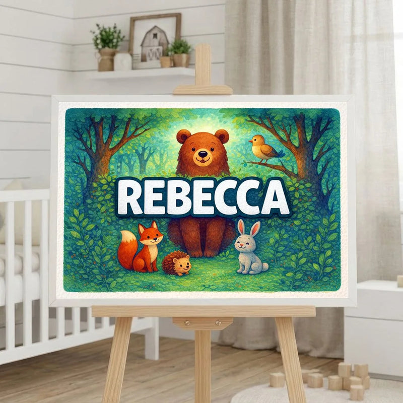 Rebecca Name Art - Forest Friends personalized wall print for kids