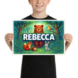 Rebecca Name Art - Forest Friends personalized wall print for kids