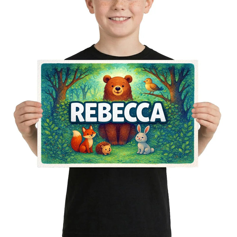 Rebecca Name Art - Forest Friends personalized wall print for kids
