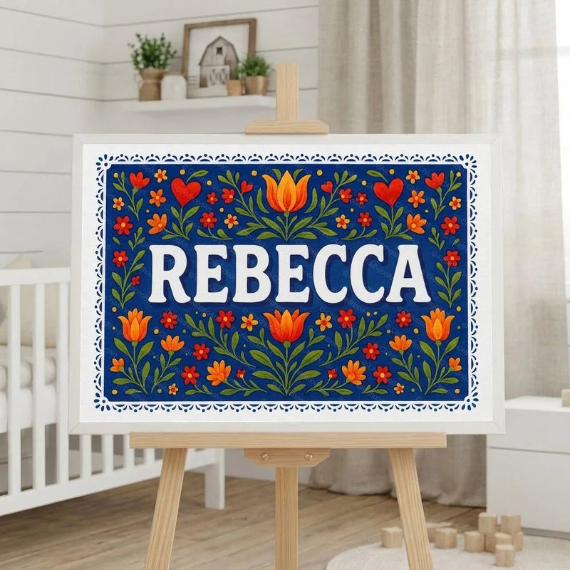 Rebecca Name Art - Floral Farmhouse personalized wall print for kids