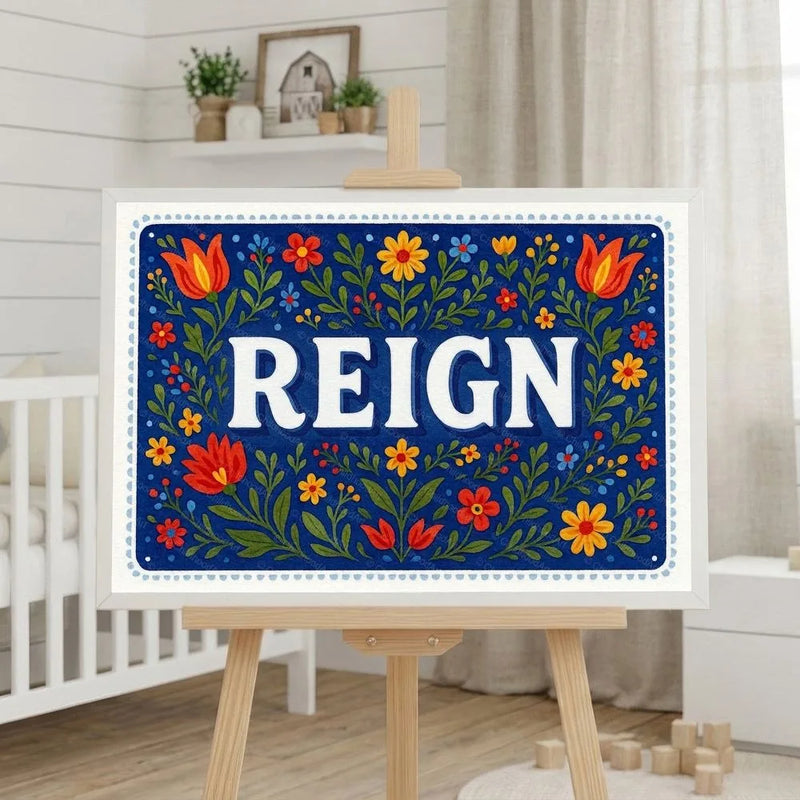 Reign Name Art - Floral Farmhouse personalized wall print for kids