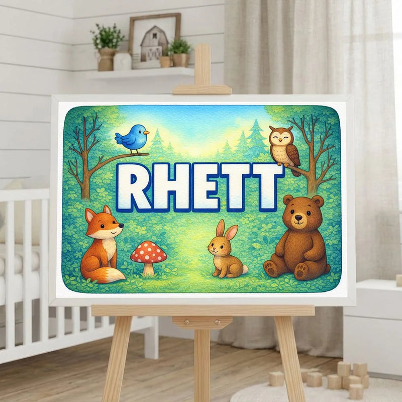 Rhett Name Art - Forest Friends personalized wall print for kids