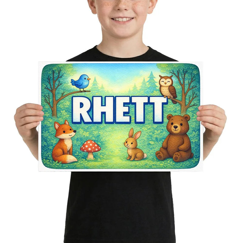 Rhett Name Art - Forest Friends personalized wall print for kids