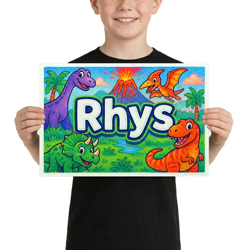 Rhys Name Art - Dinosaur Adventure personalized wall print for kids