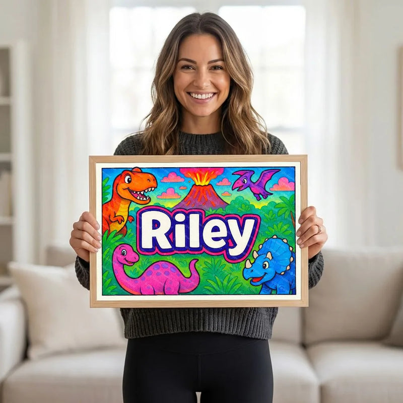 Adventurous personalized dinosaur name art for Riley