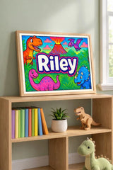 Adventurous personalized dinosaur name art for Riley