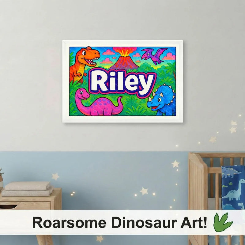 Adventurous personalized dinosaur name art for Riley