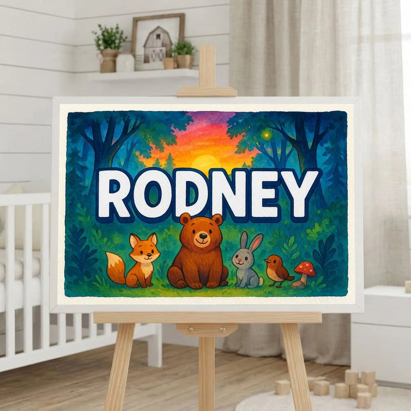Rodney Name Art - Forest Friends personalized wall print for kids
