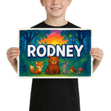 Rodney Name Art - Forest Friends personalized wall print for kids