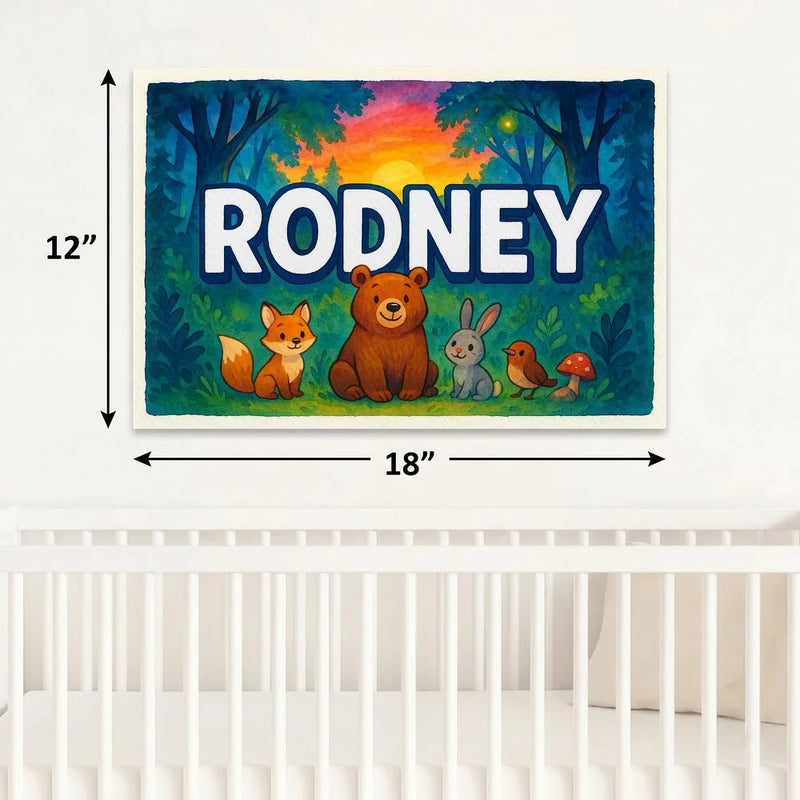 Rodney Name Art - Forest Friends personalized wall print for kids