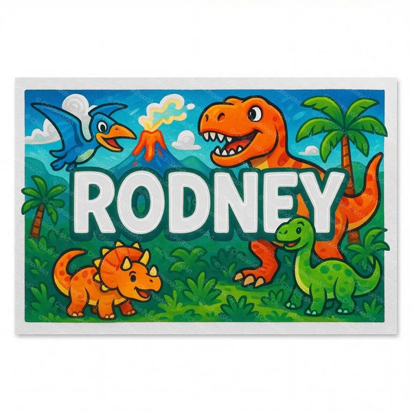 Personalized Rodney name art print in the Dinosaur adventure style