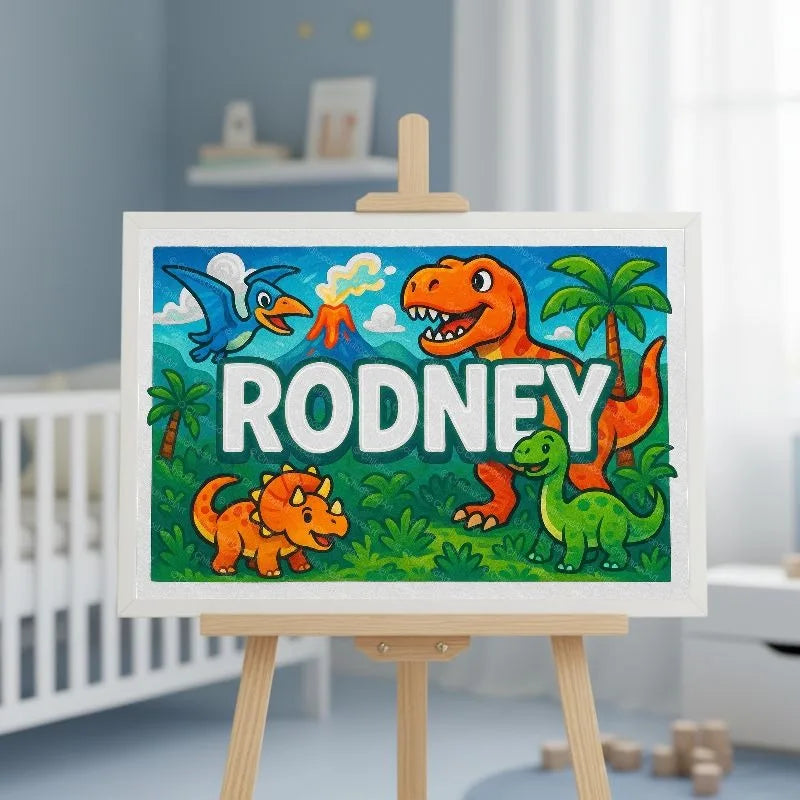 Rodney Name Art - Dinosaur Adventure personalized wall print for kids