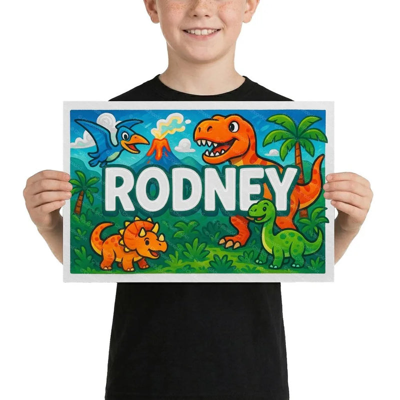 Rodney Name Art - Dinosaur Adventure personalized wall print for kids