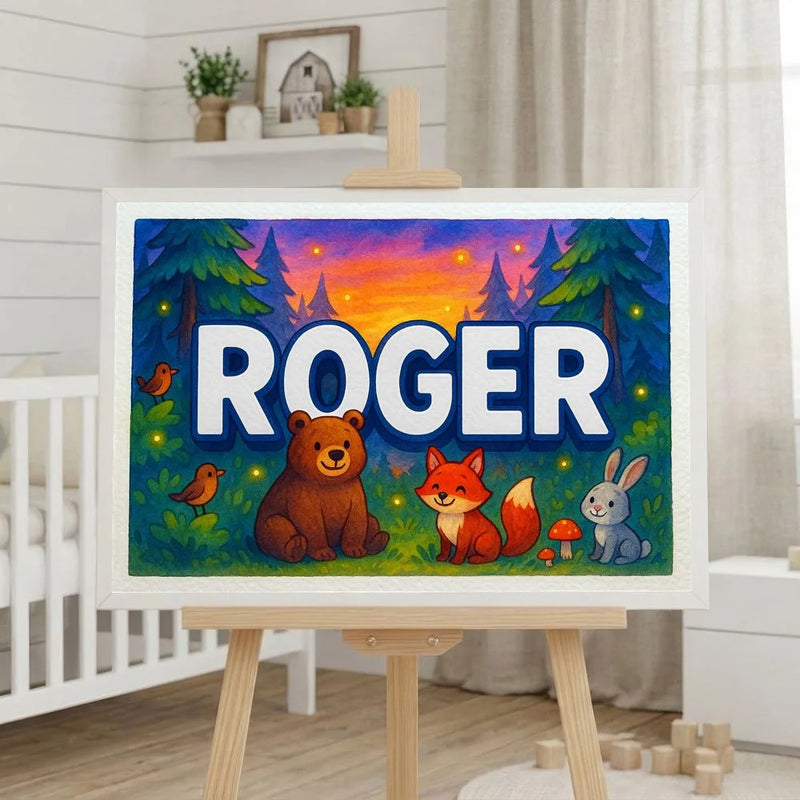 Roger Name Art - Forest Friends personalized wall print for kids