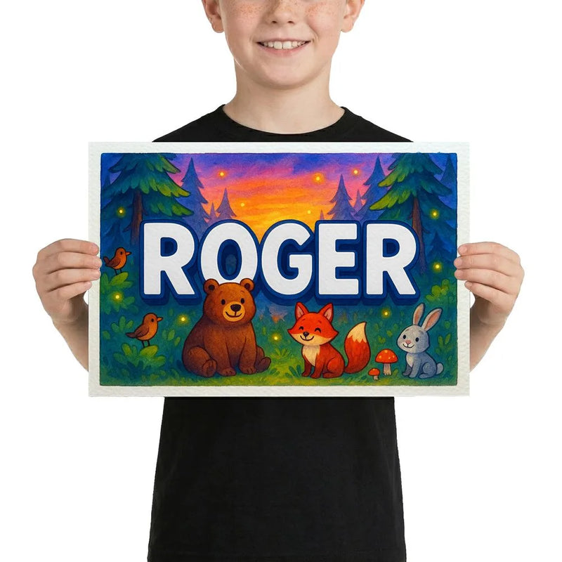 Roger Name Art - Forest Friends personalized wall print for kids