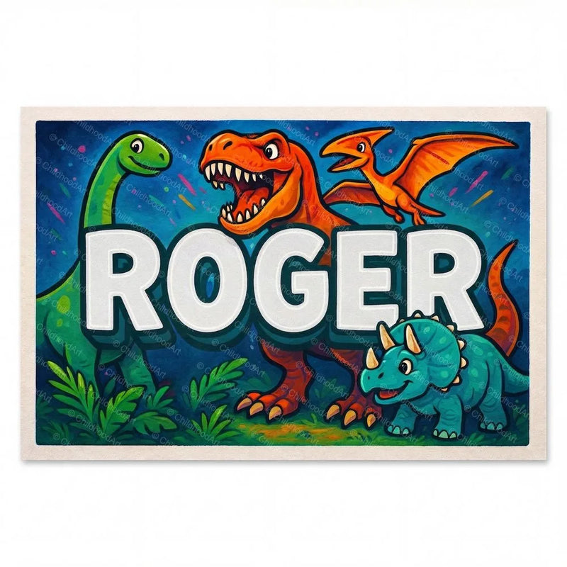 Roger Name Art - Dinosaur Adventure personalized wall print for kids