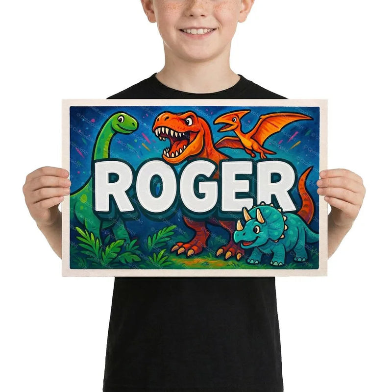 Roger Name Art - Dinosaur Adventure personalized wall print for kids