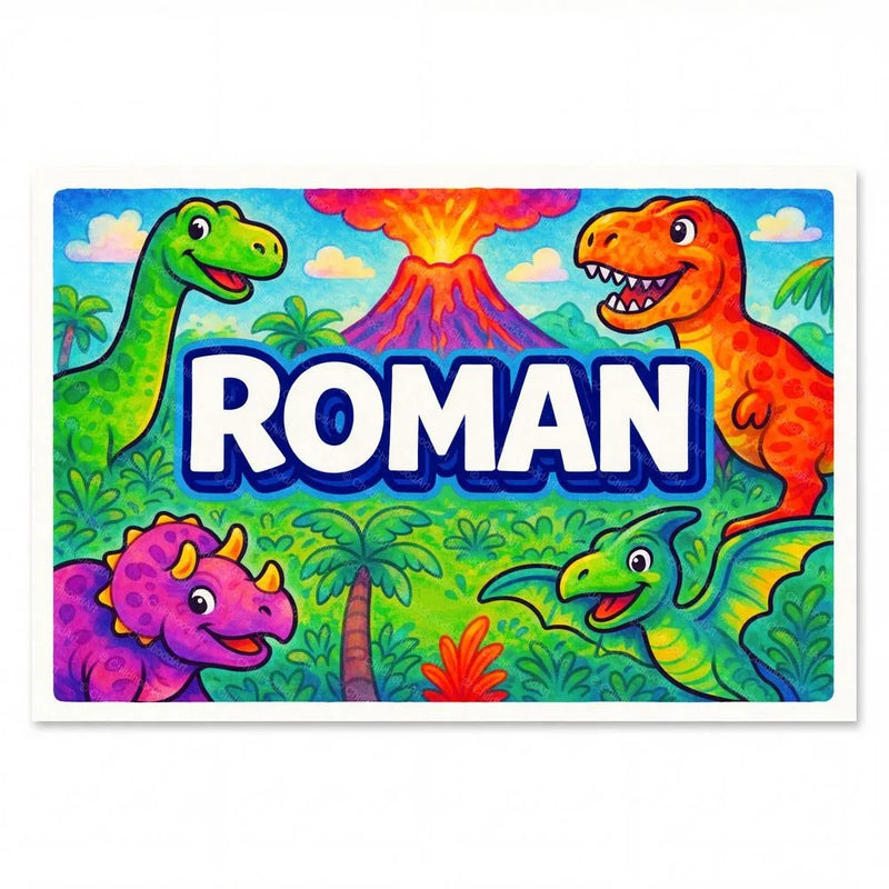 Roman Name Art - Dinosaur Adventure personalized wall print for kids