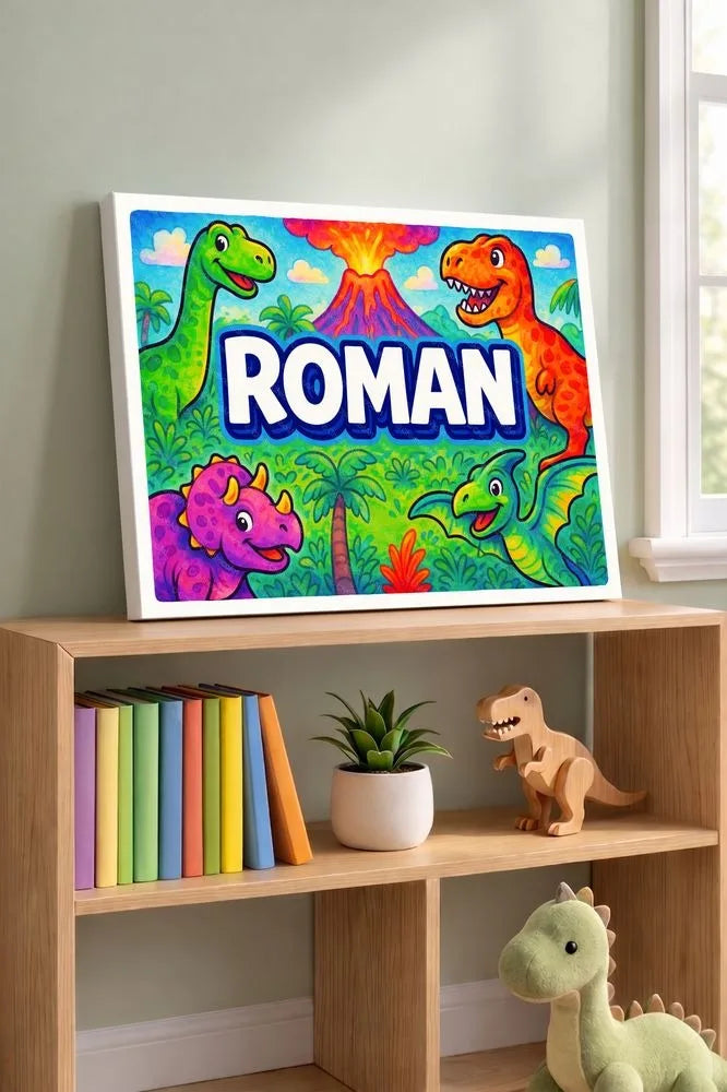Roman Name Art - Dinosaur Adventure personalized wall print for kids