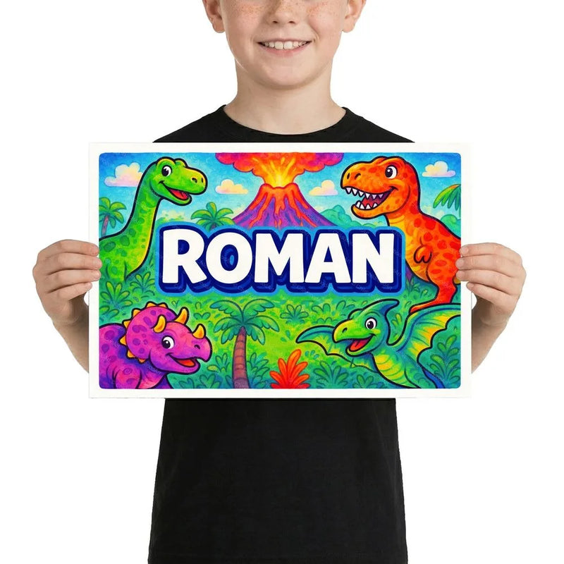 Roman Name Art - Dinosaur Adventure personalized wall print for kids