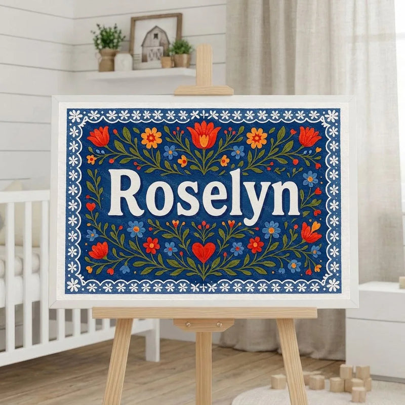 Roselyn Name Art - Floral Farmhouse personalized wall print for kids
