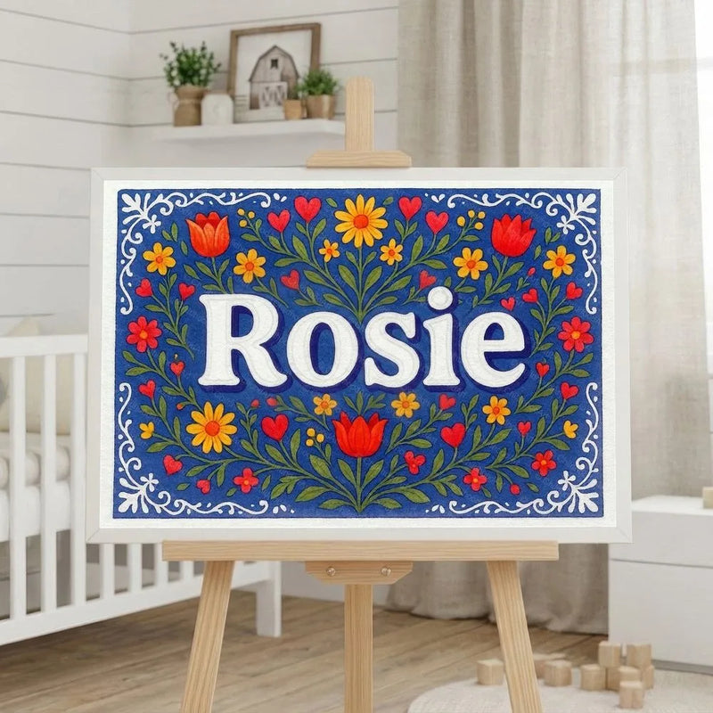 Rosie Name Art - Floral Farmhouse personalized wall print for kids