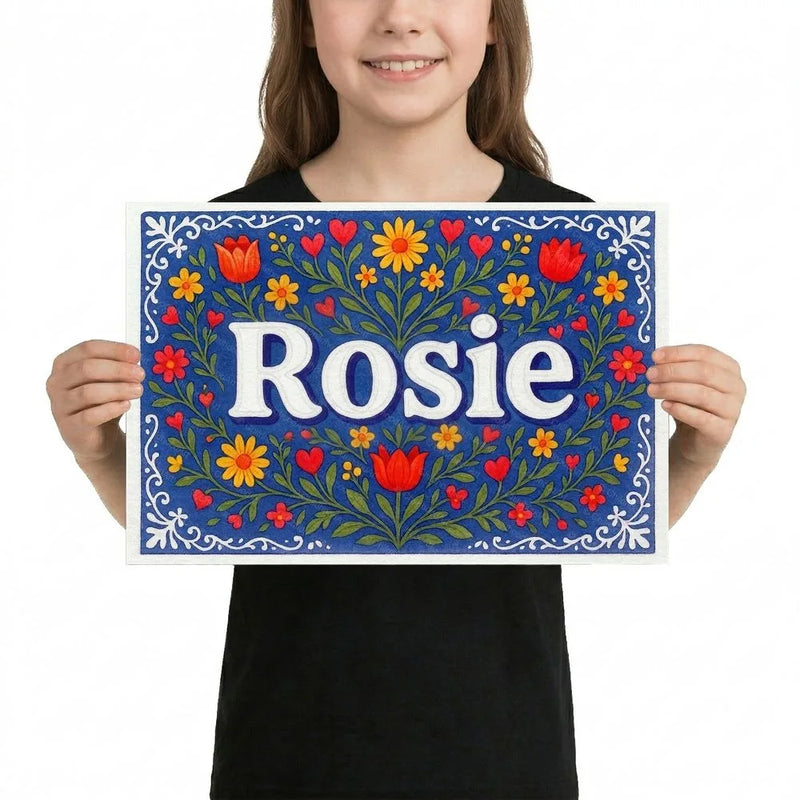 Rosie Name Art - Floral Farmhouse personalized wall print for kids