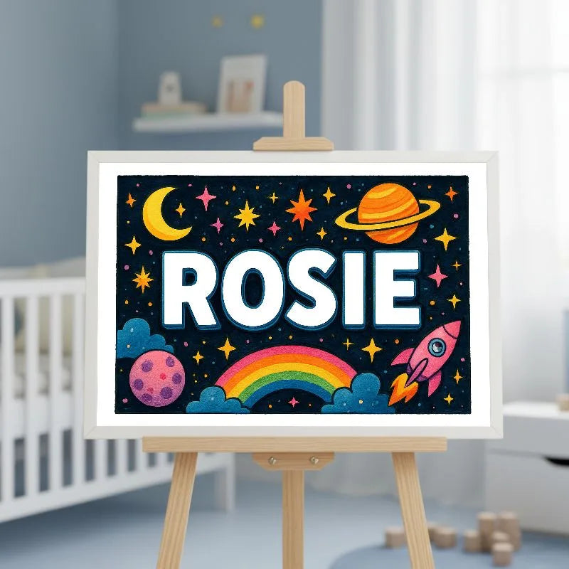 Rosie Name Art - Space Explorers personalized wall print for kids