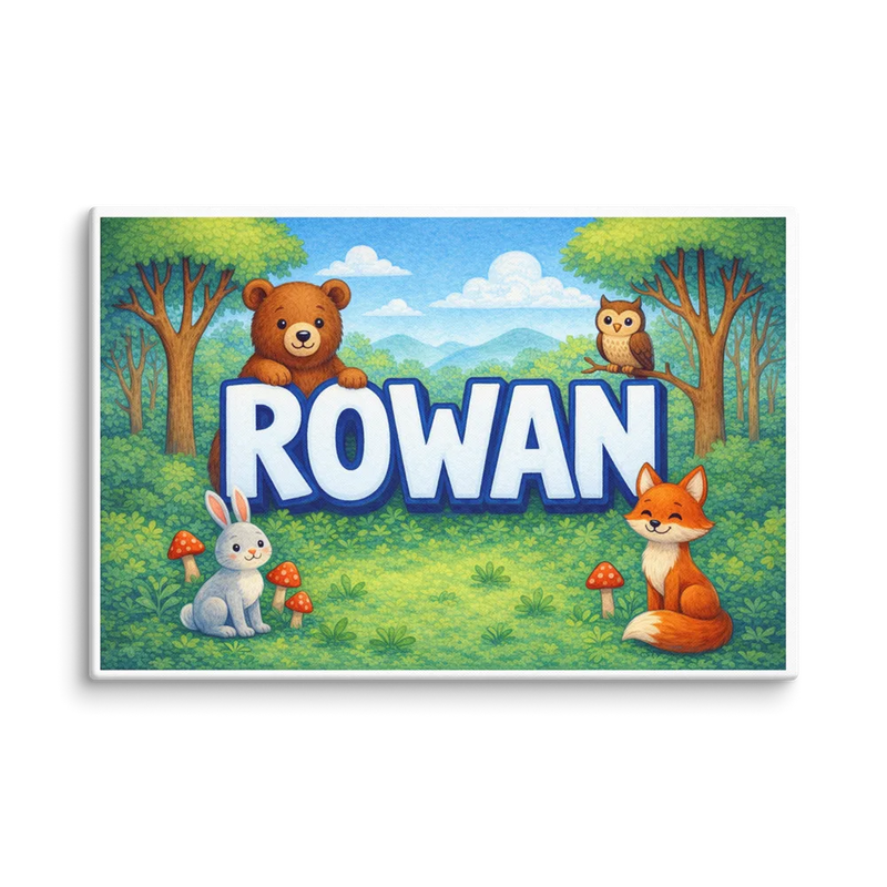 Rowan Name Art - Forest Friends personalized wall print for kids