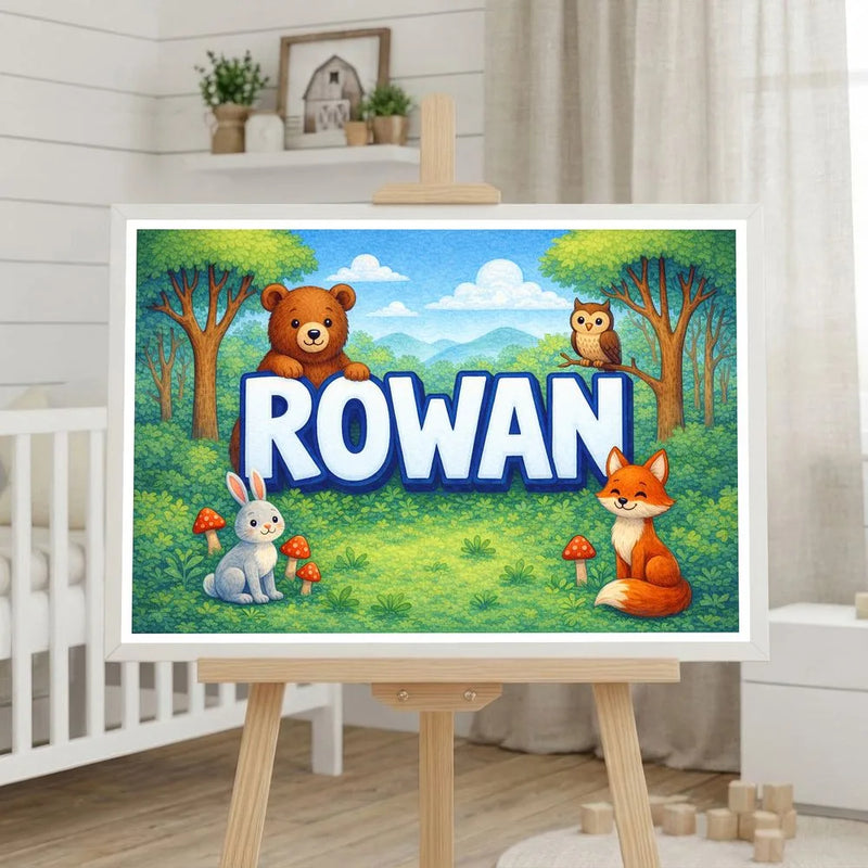 Rowan Name Art - Forest Friends personalized wall print for kids